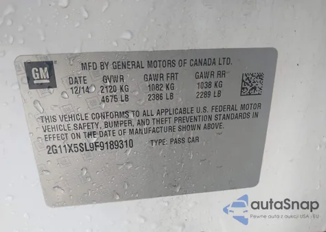 2015 Chevrolet Impala 1Fl z USA, uszkodzony, nr VIN 2G11X5SL9F9189310